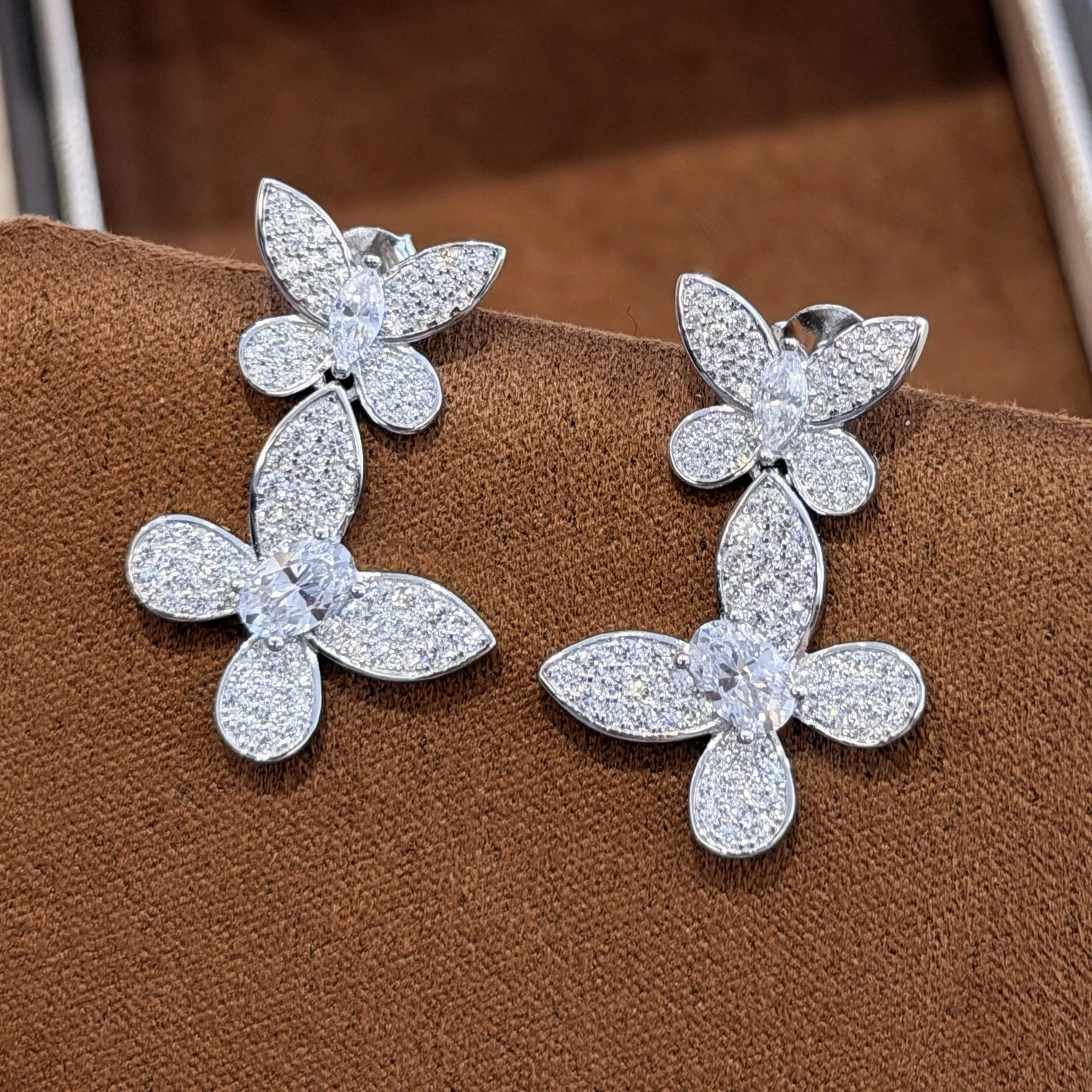 

New Trendy Sparkling 925 Sterling Silver High Carbon Diamond Double Butterfly Earrings Woman Party Luxury Fine Jewelry