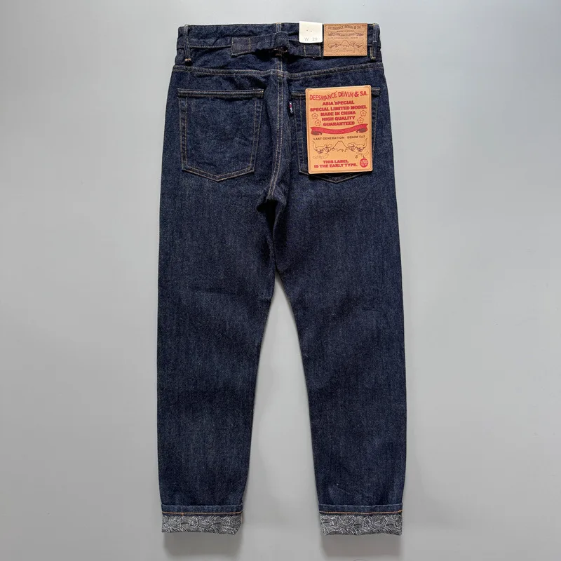 

Back Waist Paris Buckle Paisley Patter Leg 14oz Heavyweight Raw Indigo Red Selvedge Washed Denim Jeans for Men Tapered Straight
