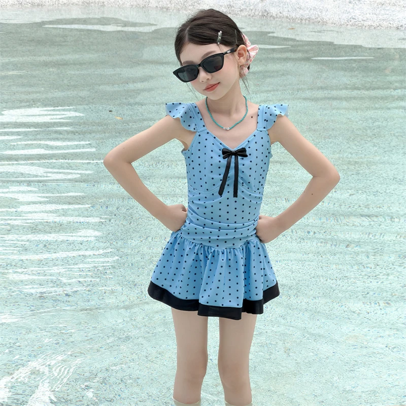 maillot-de-bain-une-piece-pour-filles-2026-bleu-a-pois-manches-a-volants-nœud-robe-de-plage-d'ete-pour-enfants-110-170-cm-20-50-kg