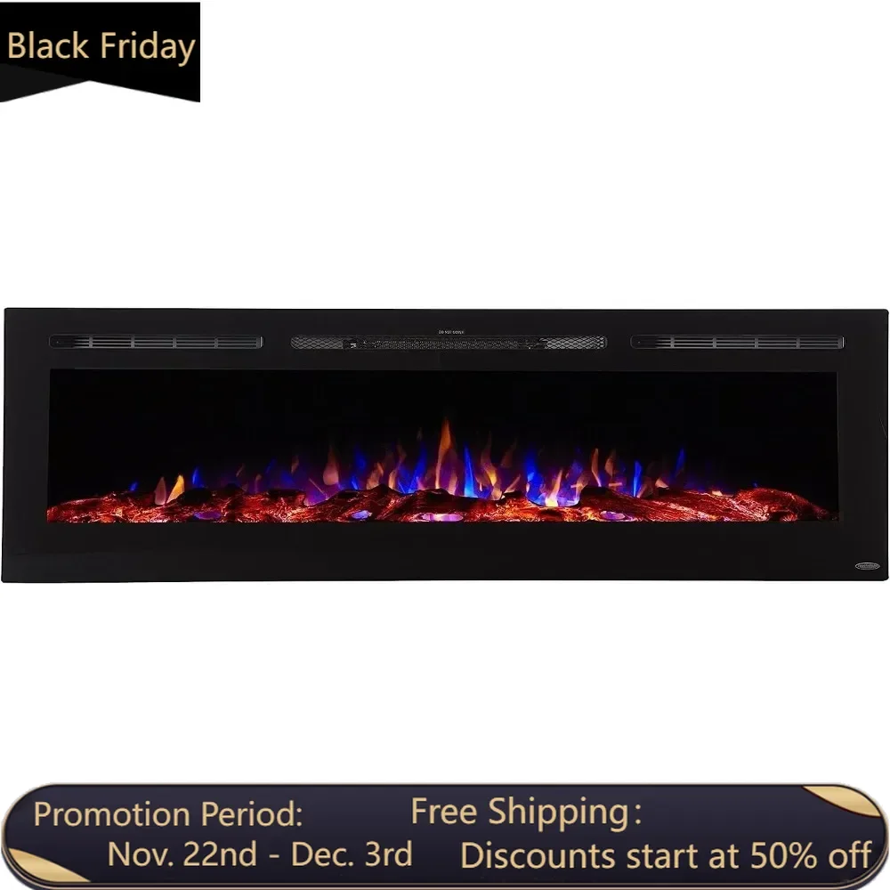 Electric Fireplace 72 Inch Wide-in Wall Recessed 1500W Heater Thermostat-Black-Log & Crystal Hearth Options -Alexa/WiFi Enabled