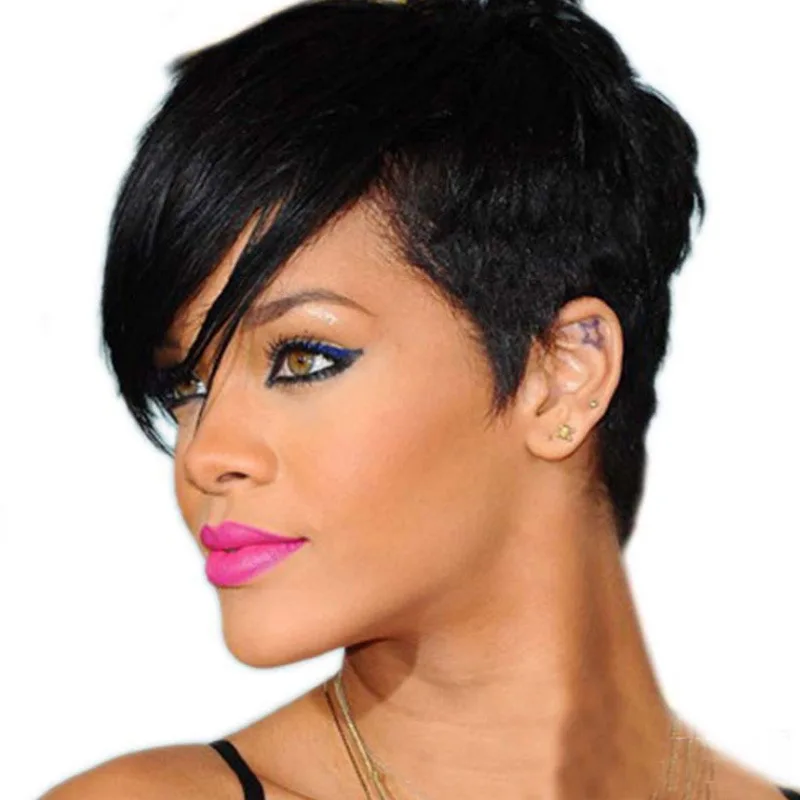 Parrucca per capelli corti lisci in fibra sintetica nera per spettacoli teatrali da donna realizzata in seta resistente alle alte temperature