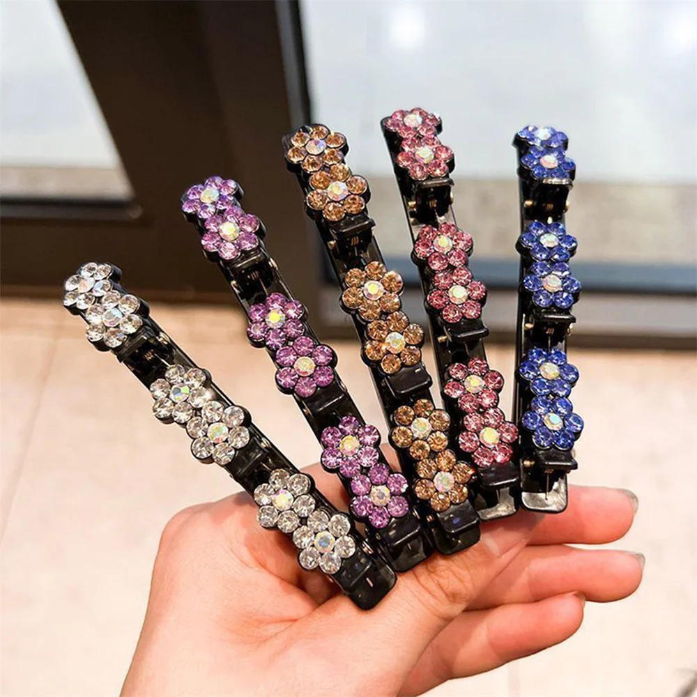 Fashion Korean Acrylic Crystal Flowers Hair Clips For Girls Sweet Cute Bangs Side Barrettes Elastic Duckbill Clip Braid Hairpins