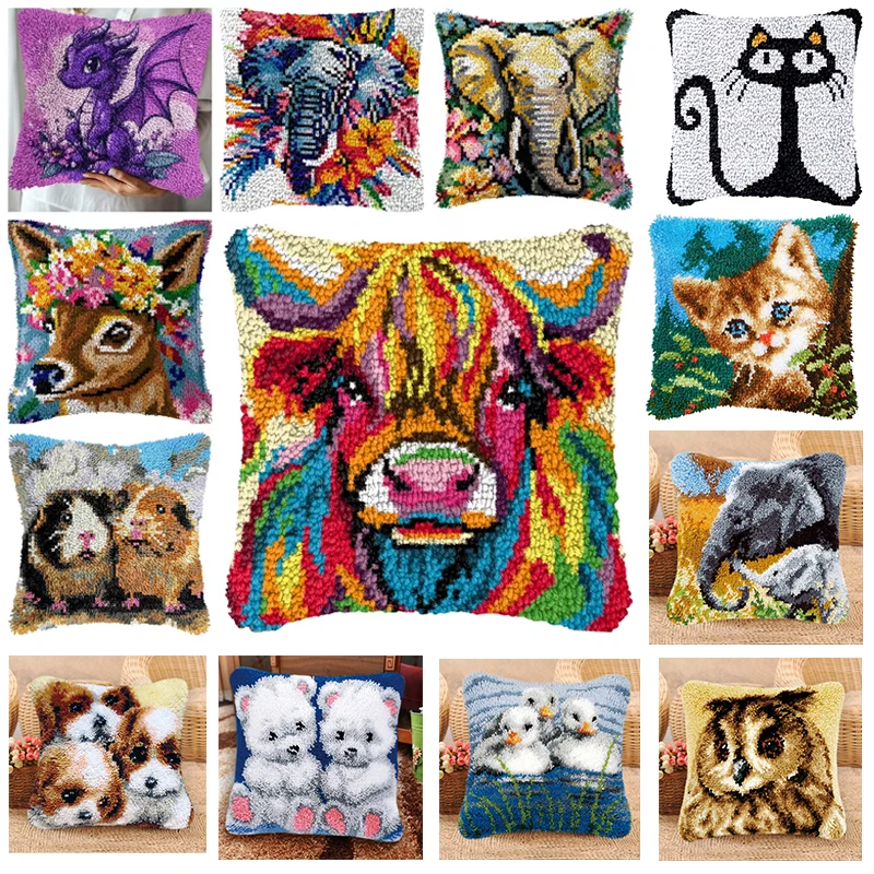 

Набор для вышивания крючком: подушка-игрушка (животные: динозавр, корова, кошка, собака), наволочка, набор для рукоделия с пуговицами и крючками из смирны