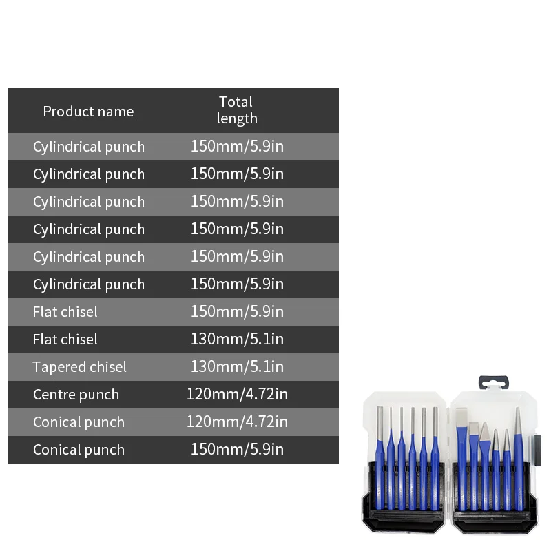 12 pieces of chiseling and punching set, center punch, metal drilling and positioning punch, punching and positioning punch