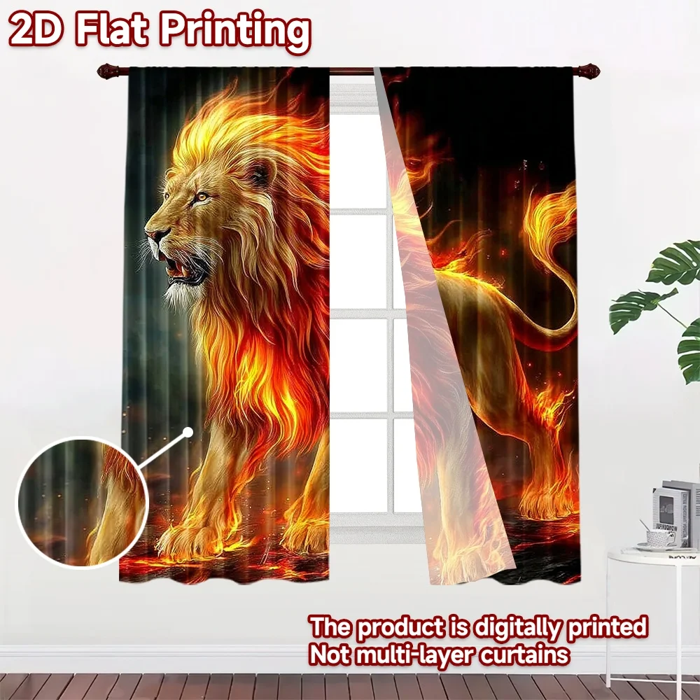 2D flat printing 2pcs Curtain Window Treatment Curtains Fiery Roaring Lion Digital Printed Polyester Drapes Seasonal Party &