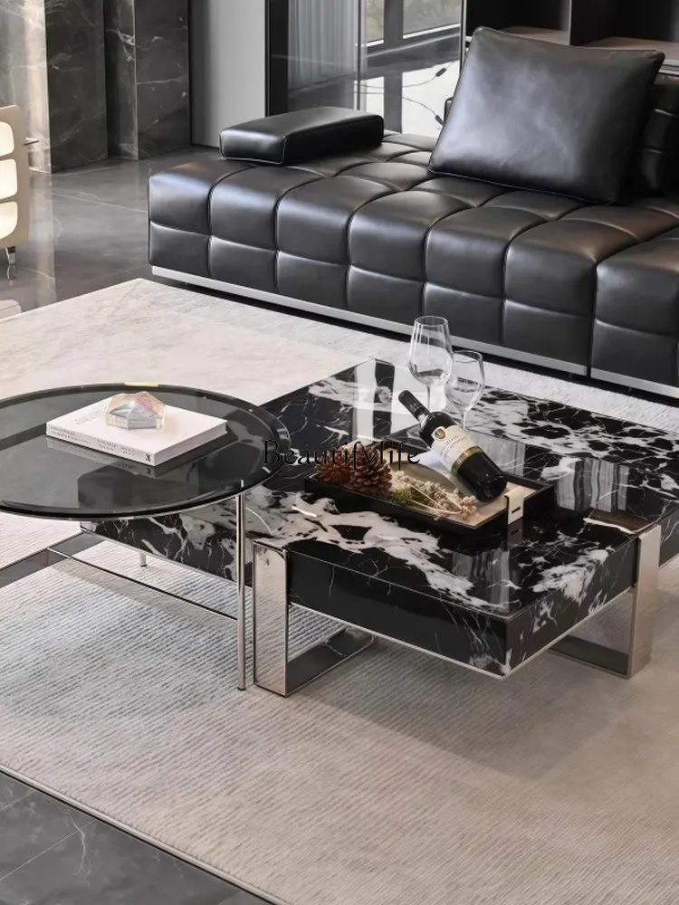 

Italian minimalist black marble square coffee table living room home size apartment designer combination