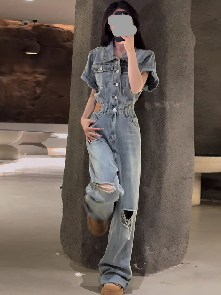 Retro American Waed Denim Overalls Women's Summer 2025 Loose Slimming Wide Leg Pants High Waist Long Trousers