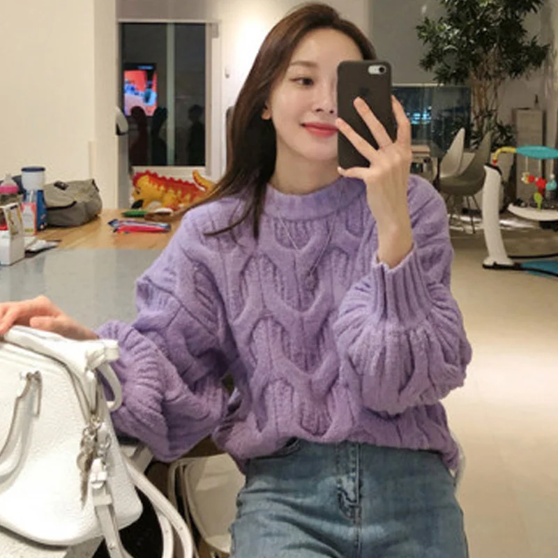 Loose Knitted Sweater Women Light Cylinder Sleeve Lazy Style Autumn Winter Clothes Wide Thickened Needlework Sweater