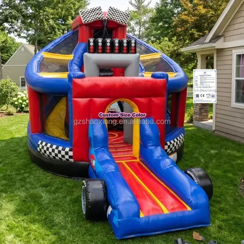 Kids Commercial Fun World Bouncer Castle Racing Theme Jumping Bouncy Castle Slide Combo Inflatable Bounce House with Blower