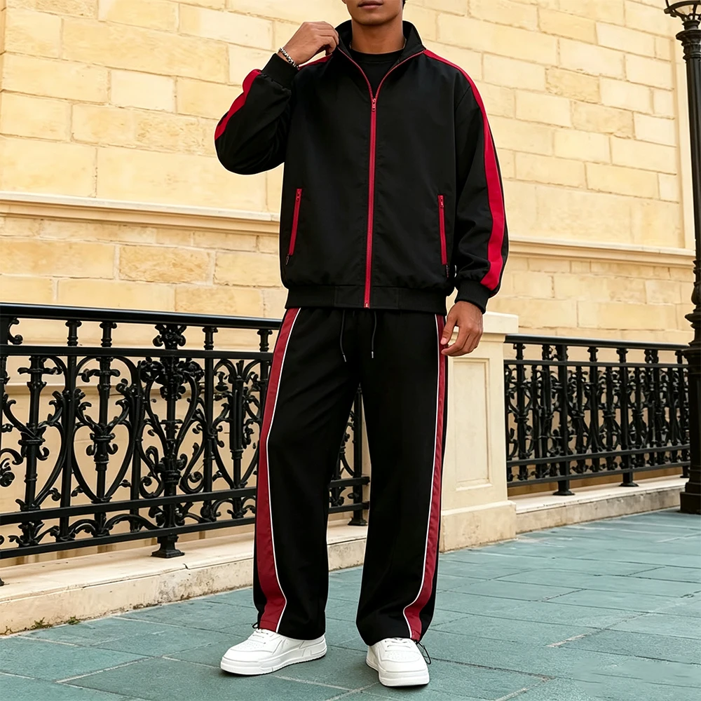 Men's Color Block Tracksuit Red Striped Full Zip Stand Collar Jacket Elastic Waist Drawstring Hem Pants Casual Sports Outfit