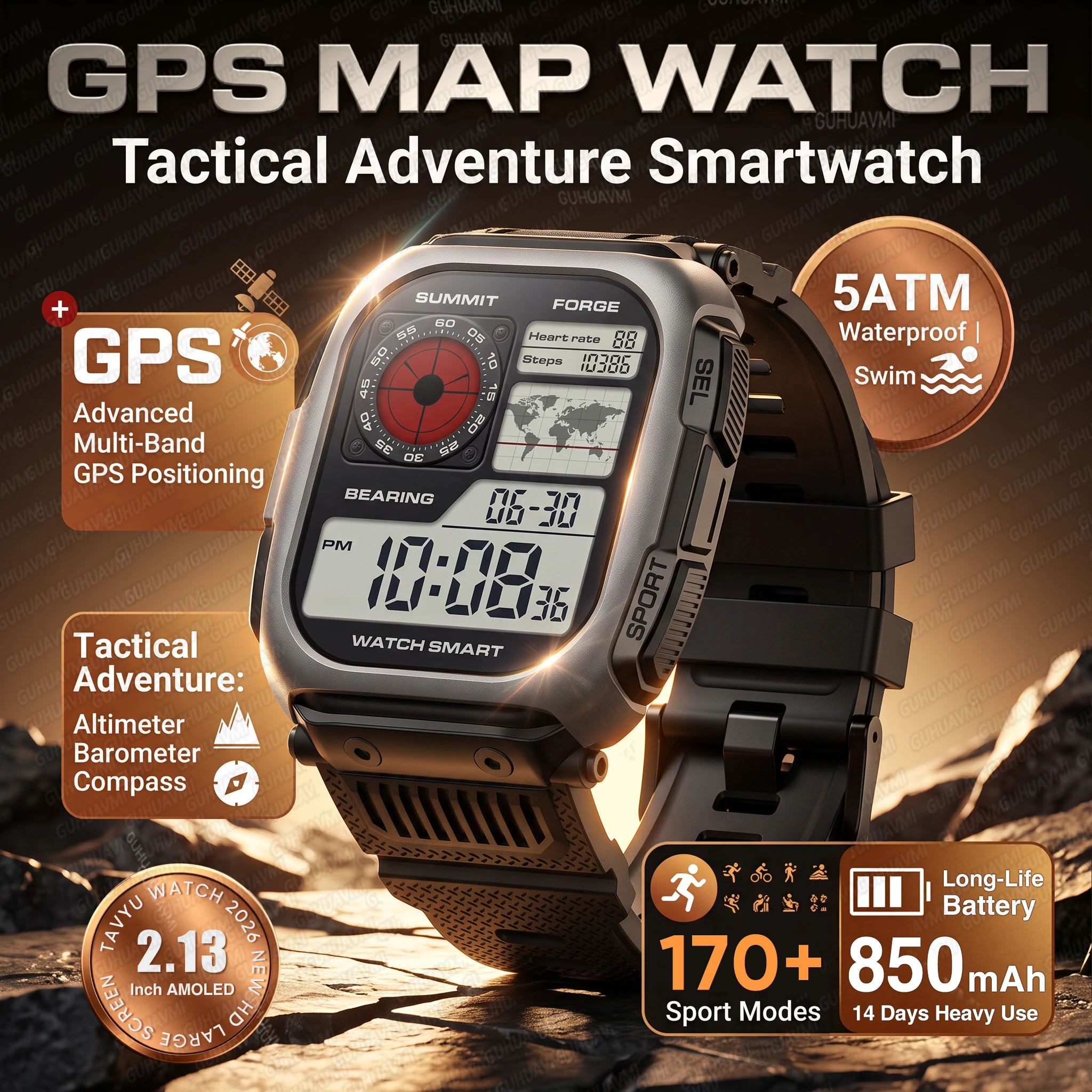 NEW TANK PRO Outdoor Military GPS Smart Watch For Men AMOLED HD Screen Compass 850mAh Battery 5ATM Waterproof BT Call Smartwatch