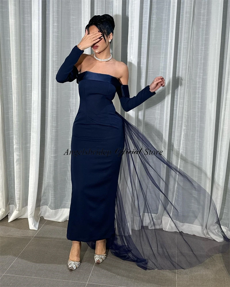 Customized  Satin Mermaid Evening Dresses Strapless Elegant Robe De Soiree Floor Length Detachable Sleeves Event Party Gowns