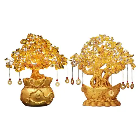 Árbol de dinero citrino chino Feng Shui Fa Cai cristal Yuanbao dinero árbol de la fortuna para la riqueza Año nuevo decoración del hogar coche de escritorio
