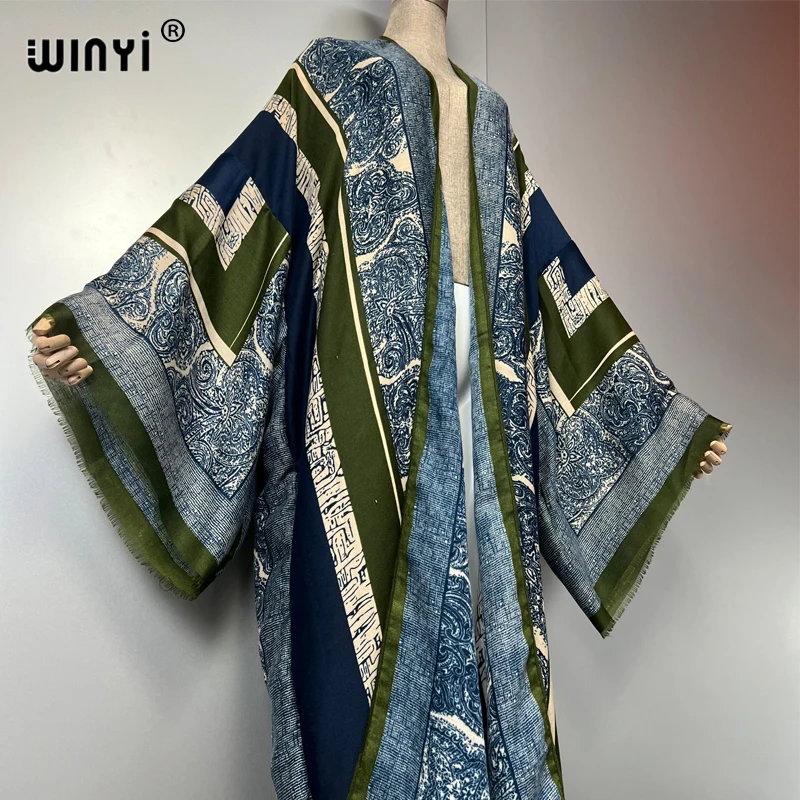 WINYI البوهيمي كيمونو طباعة سترة المرأة معطف فضفاض معطف طويل عطلة الشاطئ التستر فستان الحفلات الفاخرة دبي عباية ماكسي فستان