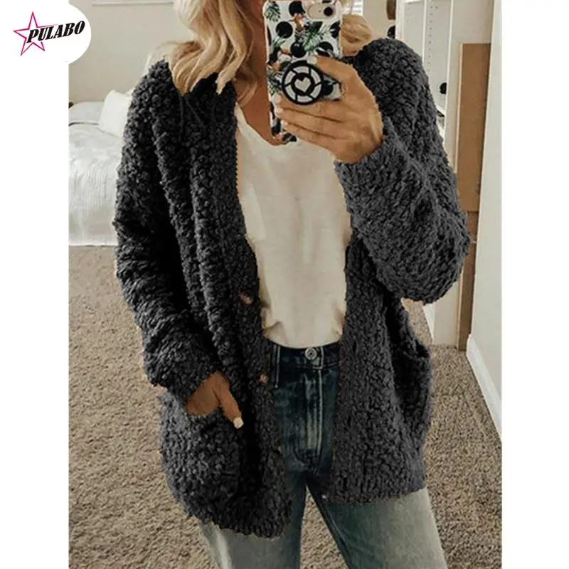 Autumn / Winter PULABO Women's Wool Coat Coat Women's Warm Soft Button Fur Jacket Women's Plush Coat Pocket Casual Teddy Coat