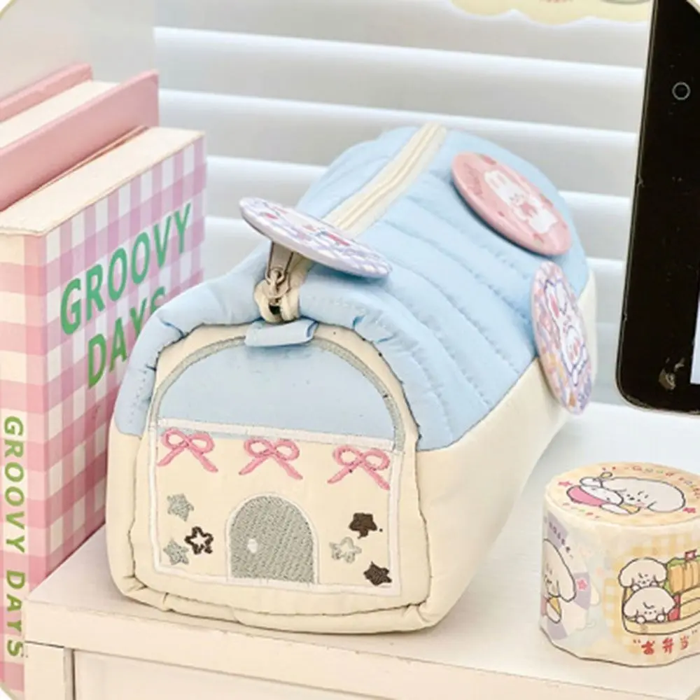 Estuches de lápices bonitos en forma de casa, bolsas de almacenamiento de papelería para bolígrafos multicapa de gran capacidad, bolsa de cosméticos suave creativa para estudiantes