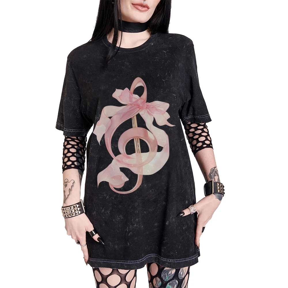 

Graphic Tees Ribbon Note Tee All - Cotton, High - Quality Oversize Washed Tee. Pink Ribbon & Music Note, Artsy Y2K Trend