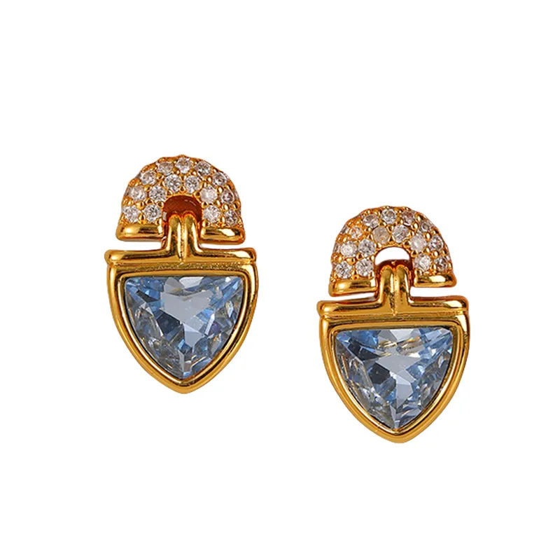 

French Style Fashion Personality Purple Zircon Skyblue Triangle Glass Earrings for Women High-end Niche Exquisite Retro Earrings