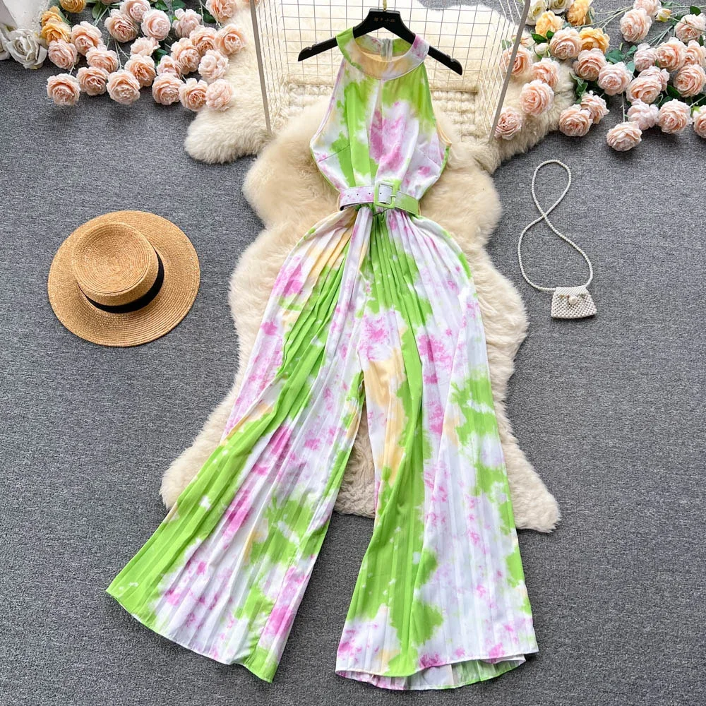 

Foamlina 2024 Summer Women Tie Dye Print Jumpsuits Fashion O Neck Sleeveless Belt Pleated Wide Leg Full Length Pants Streetwear