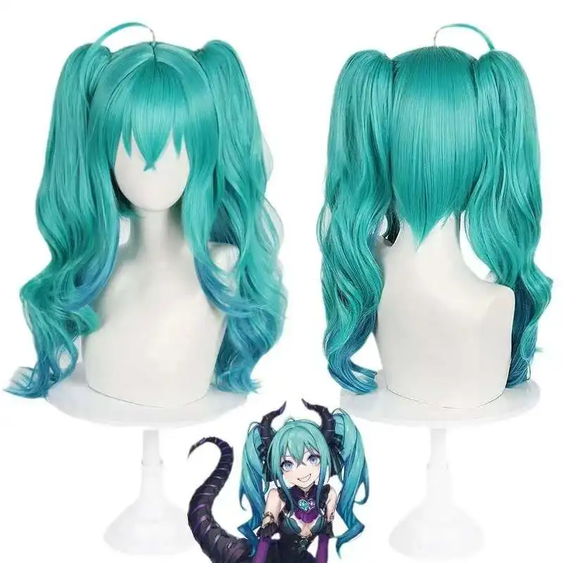 vocaloid-ミク小悪魔コスプレウィッググリーングラデーションカーリークリップオン-55-センチメートルロングコスプレウィッグ人工毛ウィッグ