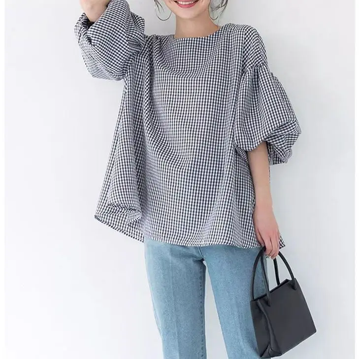 Camisa de algodón holgada para mujer, Top de manga farol de gran tamaño, cuello redondo, Regular, informal, para todas las estaciones, Japón, Corea, verano, nuevo