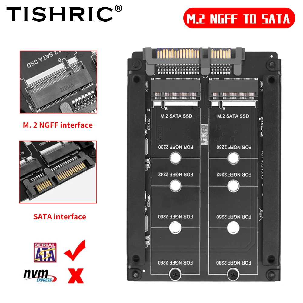 

TISHRIC Double Port M.2 NGFF SSD M.2 to Sata 22PIN Adapter Card Into 2.5in SATA interface For 2230-2280 M2 SSD