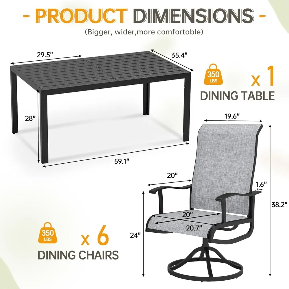 7-Piece Outdoor Patio Dining Set with 6 Swivel Patio Chairs and 59