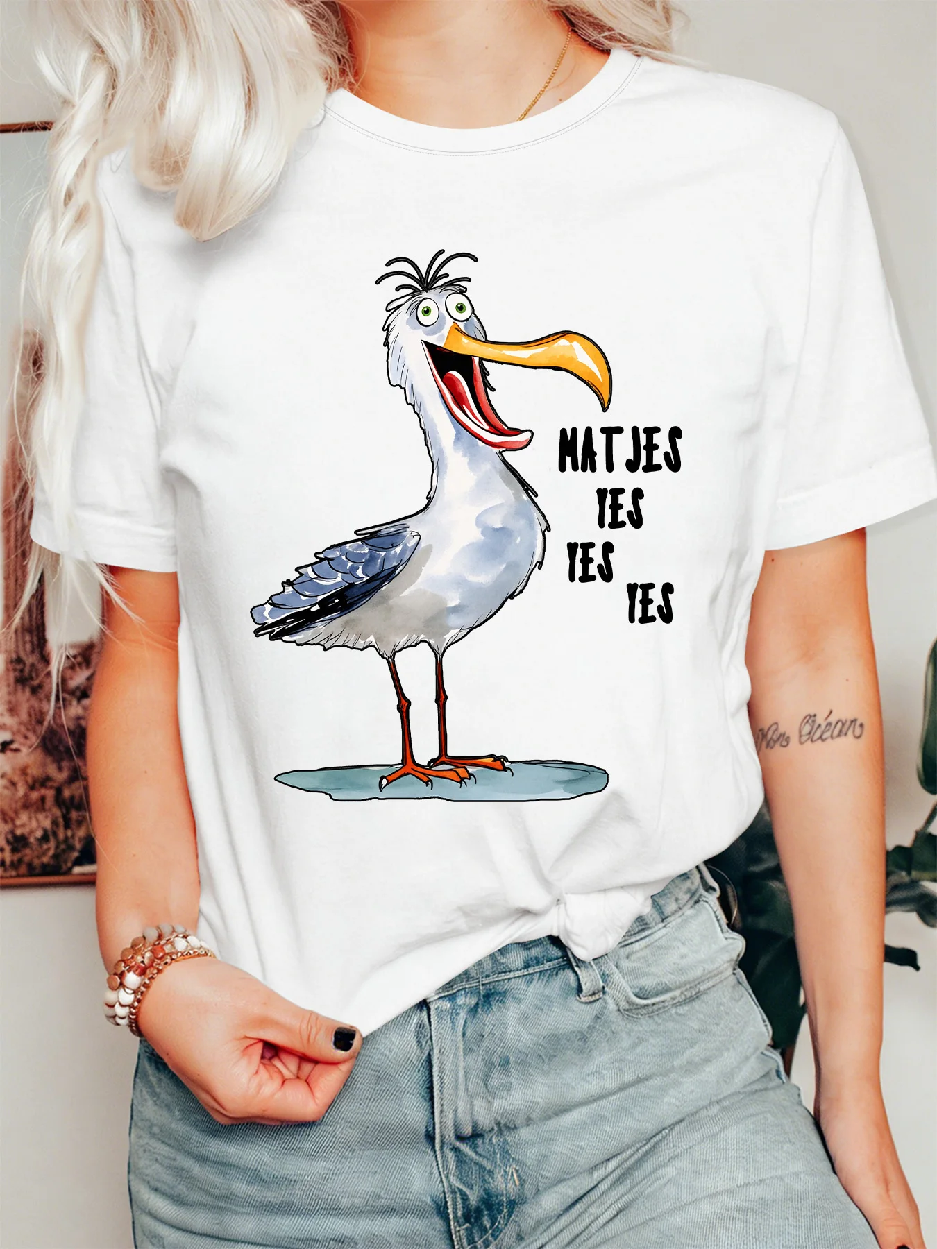 Humorous Sea Gull Womens T Shirt Matjes Yes Yes Yes Funny Bird Graphic Tee Short Sleeve Casual Daily Streetwear Ladies Tops