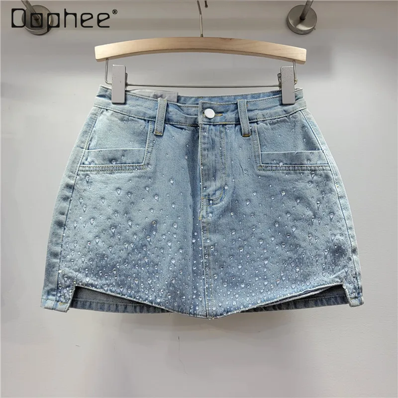 A- Line High Waist Irregular Hip Skirts Female 2024 Spring and Summer New Heavy Embroidery Hot Drilling Denim Skirt Women