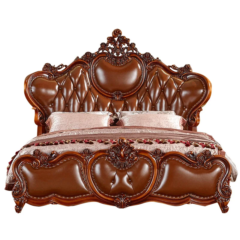 

European solid wood leather bed, luxury master bed, solid wood carving flowers