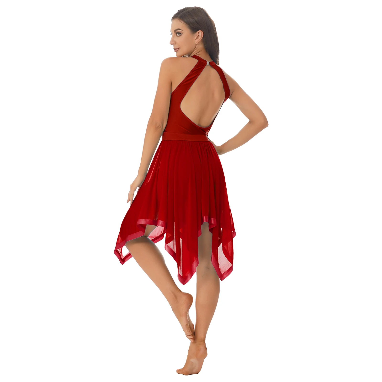 Women's Sleeveless Halter Neck Sequins Ballet Lyrical Dance Costume Asymmetrical Mesh Jazz Modern Contemporary Dance Dress