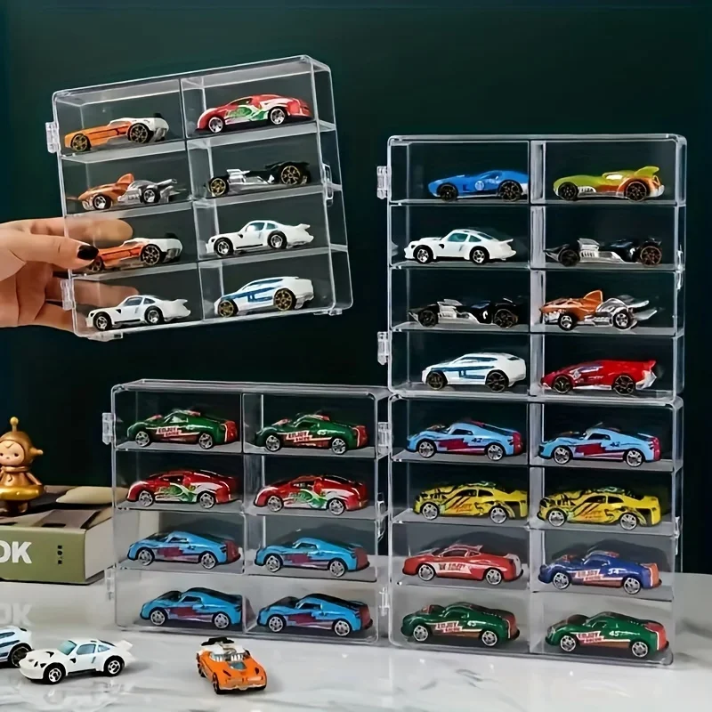 3pc 1/64 Scale Toy Cars Acrylic Display Case Figures Display Shelf Showcase Cabinet Display Box 8 Compartments Clear Storage Box