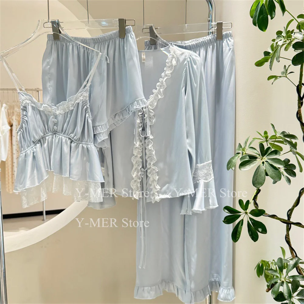 Blue Pajamas Set Elegant Home Clothes Ice Silk Sleepwear Women Loose Trousers Suit Four Seasons Loungewear Sexy Lace Nightgown