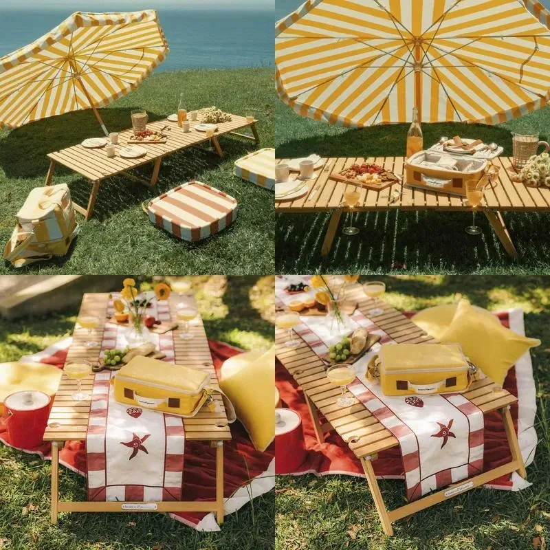 Long Teak Folding Picnic Table Portable Low Camping Table for Garden Backyard Lawn Beach Park Party