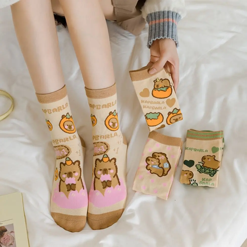 3Pairs Breathable Stripe Capybara Tube Socks Letter Patchwork Cotton Mid-calf Socks Female Hosiery Funny Cartoon Socks Lady