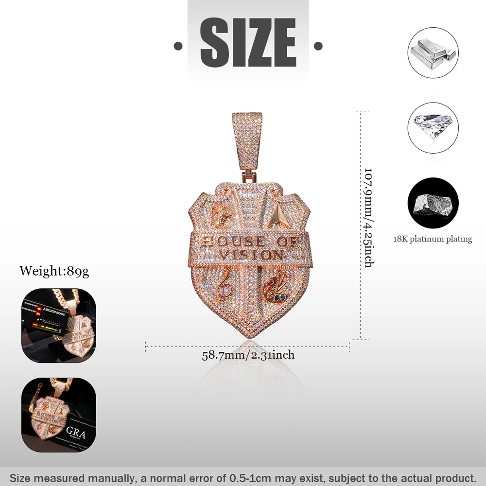 Iced Shield CZ Pendant House Of Vision 18K Rose Gold Plated Fine Jewelry Gifts for Men Boy Friends Hip Hop Charm Music Note Art Palette Rocket Lion Inlay Micro Pave Badge Ice Out Cuban Chain Necklace Accessories Streetwear Bling Medal Party Rapper