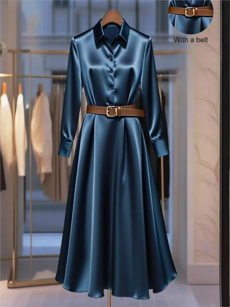 

Fashionable Solid Color Evening Dress Slim Elegant Personalized Commuter Style Vestidos Long Sleeves Lapel Waist Woman Clothes