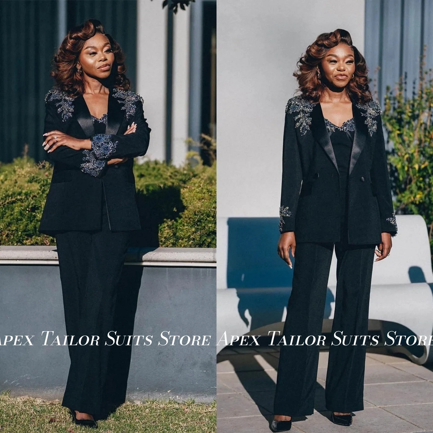 Elegant Women Suit Set Beaded Embroidery Wowen 2pcs Blazer Jacket Pants Formal Evening Party Prom Wedding Lady Matching Suits