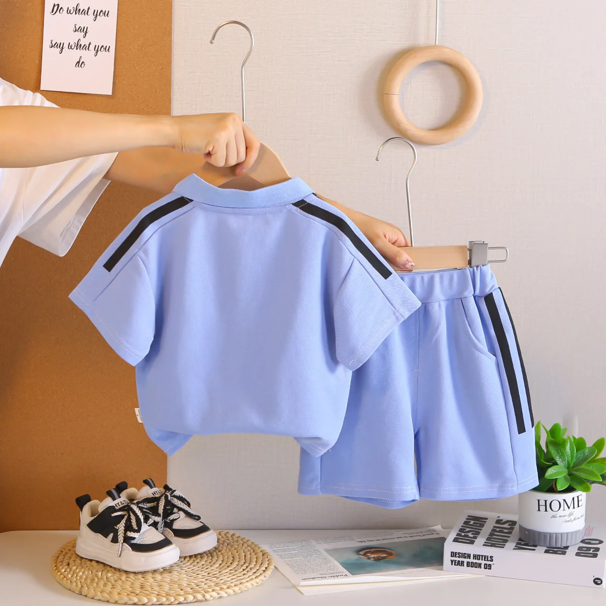 2026 Toddler Boys Summer Clothes 0-5 Years Sporty Solid Color Stripe Polo Collar Shirt and Shorts 2PCS Kids Casual Outfit Set