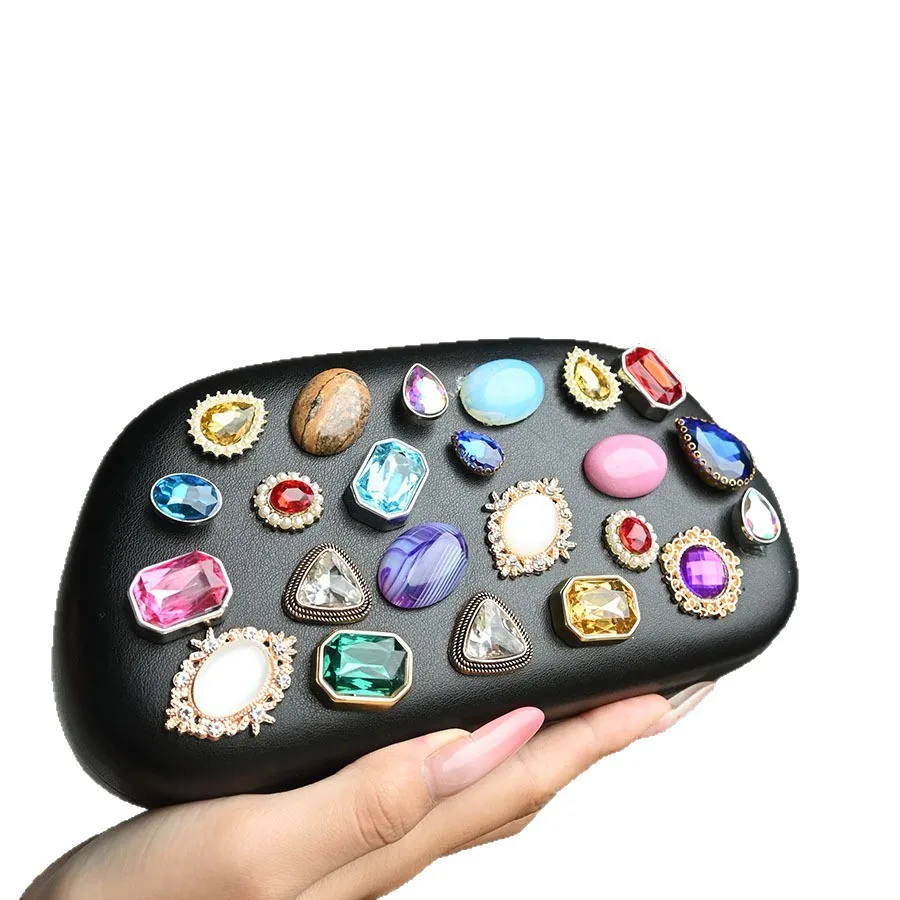 Retro Light Luxury Style Hand-Held Dinner Bag Inlaid with colorful Gemstones gorgeous niche Dopamine Bag