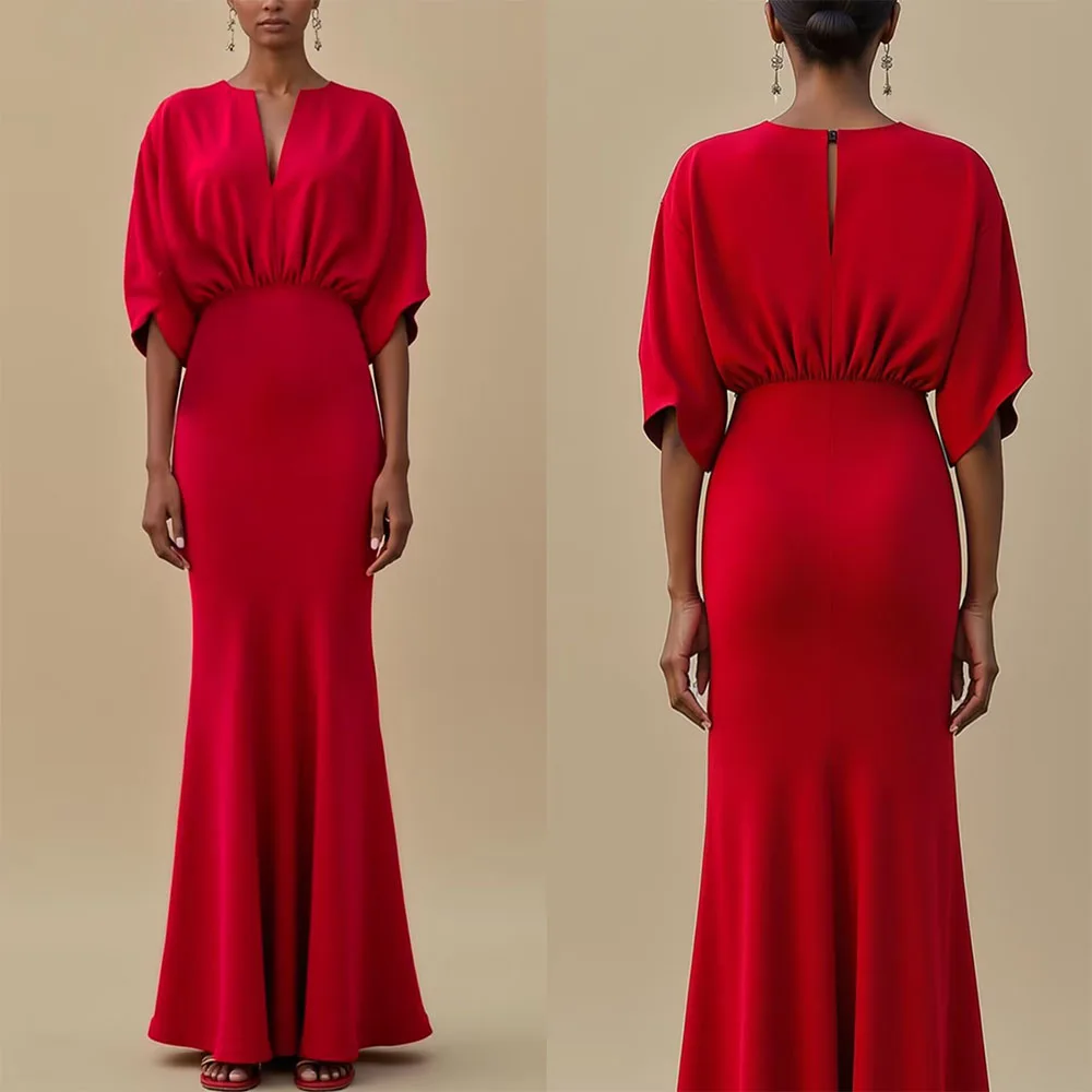 

High Quality Customized Half Sleeves A-line Red Pleat V-neck Vestido Madrinha Casamento Wedding Guest Dresses ايلي صعب فستان
