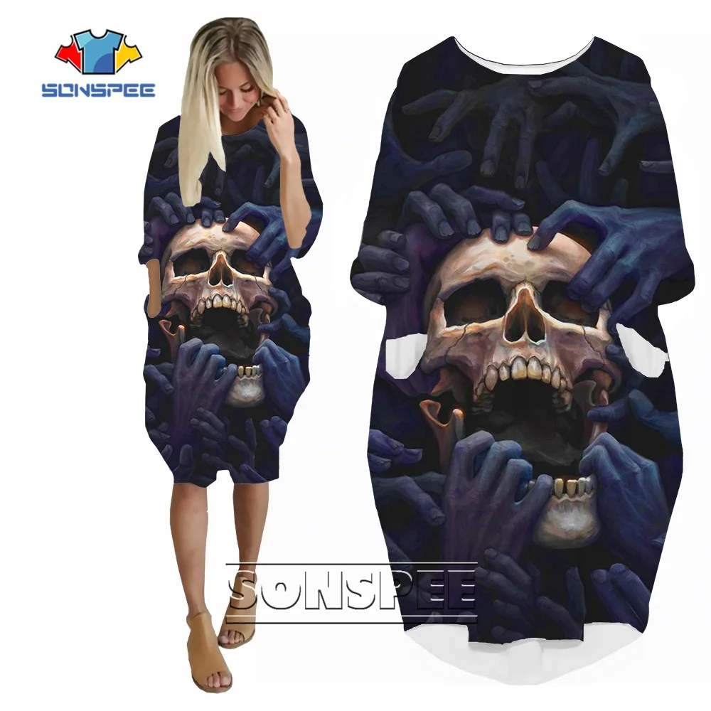 

SONSPEE Novelty Japan Cartoon Anime Comics Skull Demon 3D Print Women's Dress Lady Street Fashion Harajuku Manga Pocket Skirt