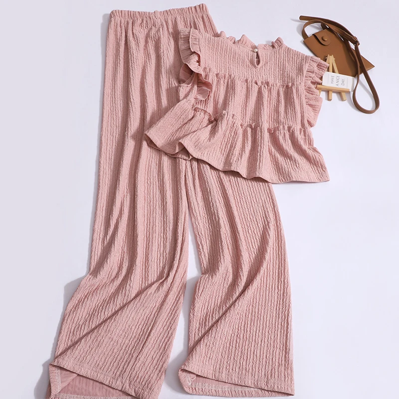 Sleeveless Shirt + Wide-leg Trousers Two-piece Set Women 2024 Korean Sweet Summer Fashion Pink Pleated Pullover Tops Pants