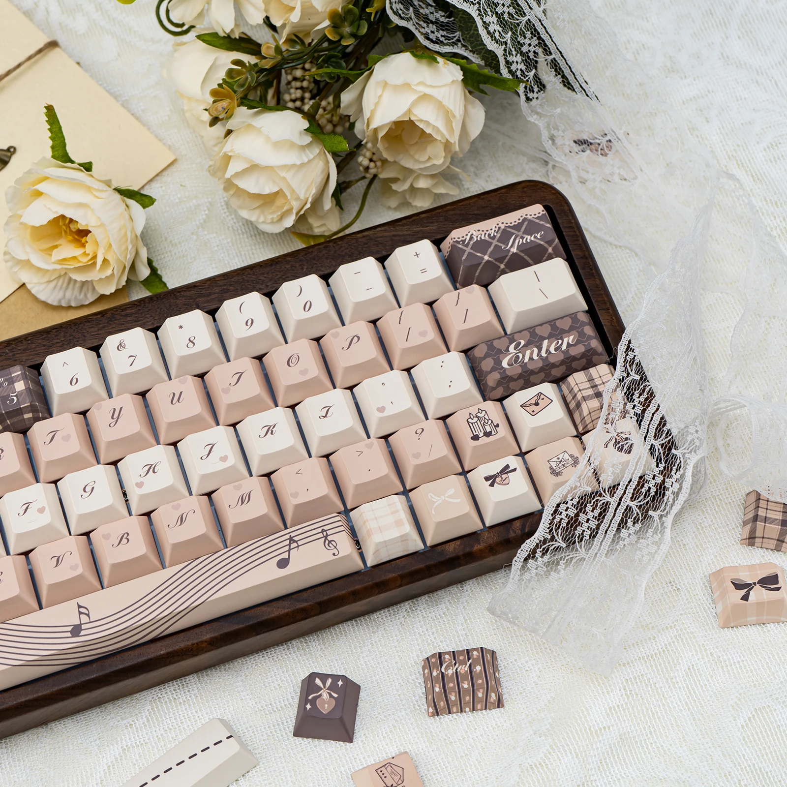 Retro Style Lace and Bow Keycap Cherry Profile PBT Five-sided Sublimation Personalized Customized Mechanical Keyboard Keycaps