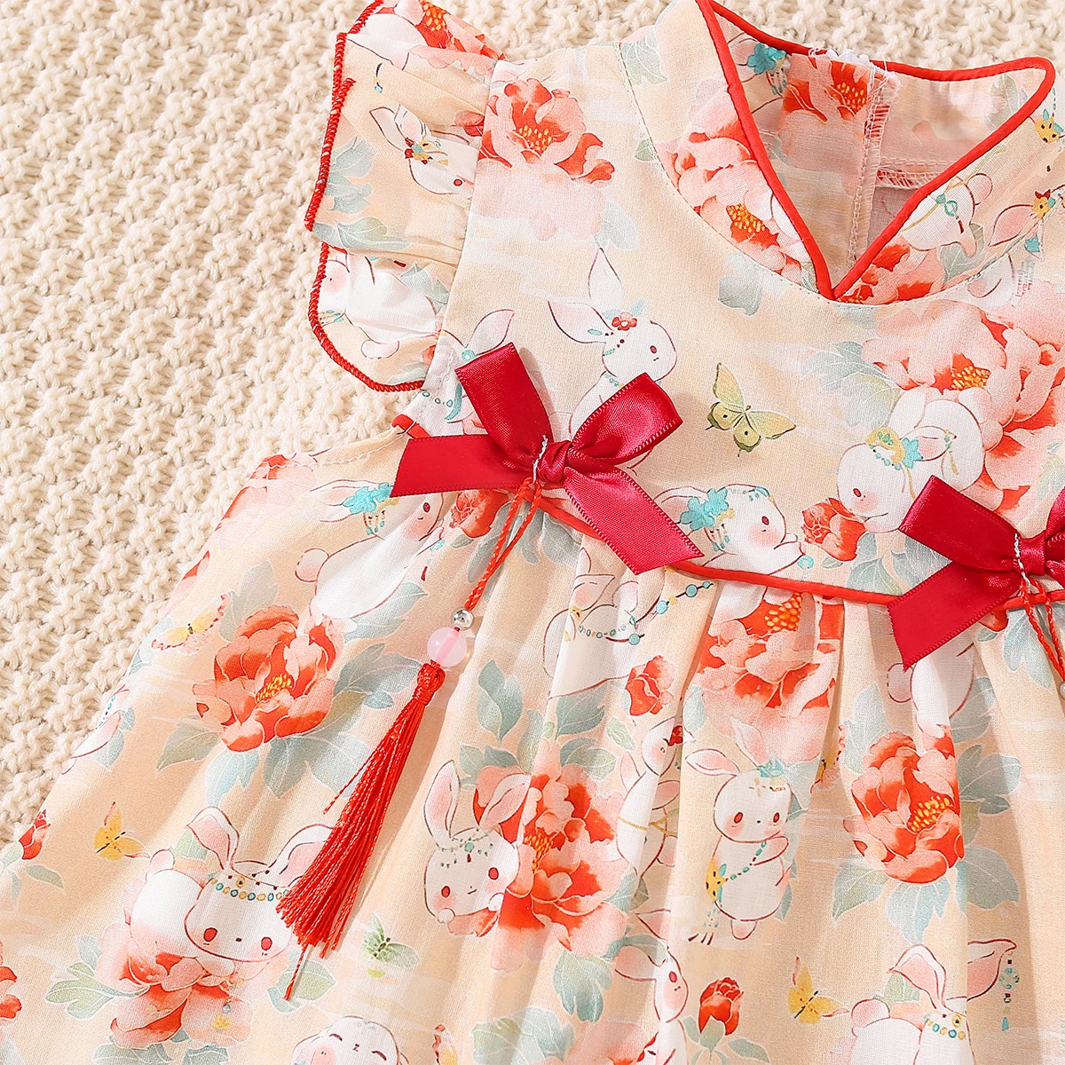 Chinese Style Baby Girl Summer Dress Sweet and Cute Little Rabbit Flying Sleeves Strange Robe Princess Dress Suitable for 0-3 Y