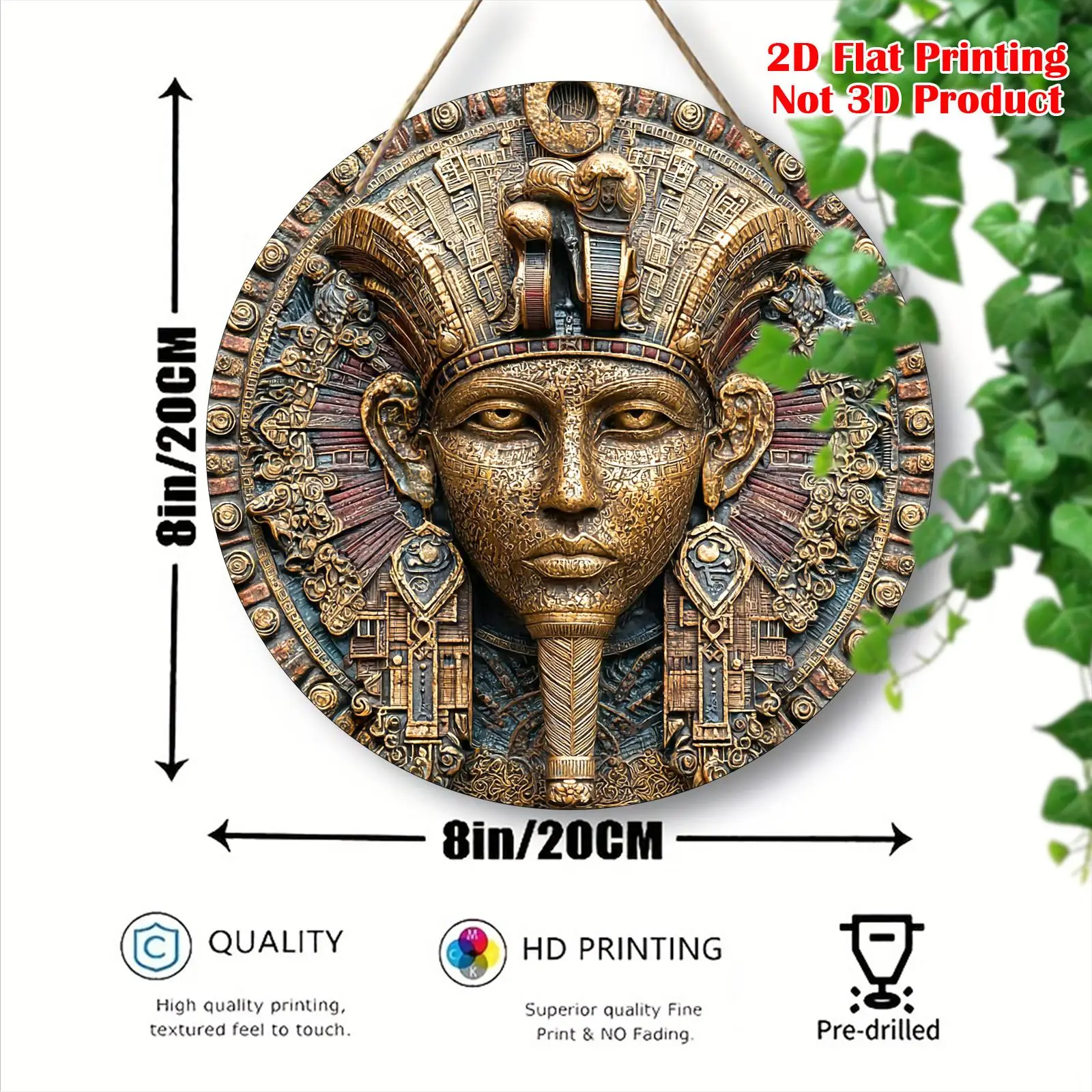 2D Flat,  Print, 1pc, Classic Pharaoh Head Theme Round Wooden Decorative Plaque (8*8in/20*20cm), Wall Hanging Decor for Bedroom,
