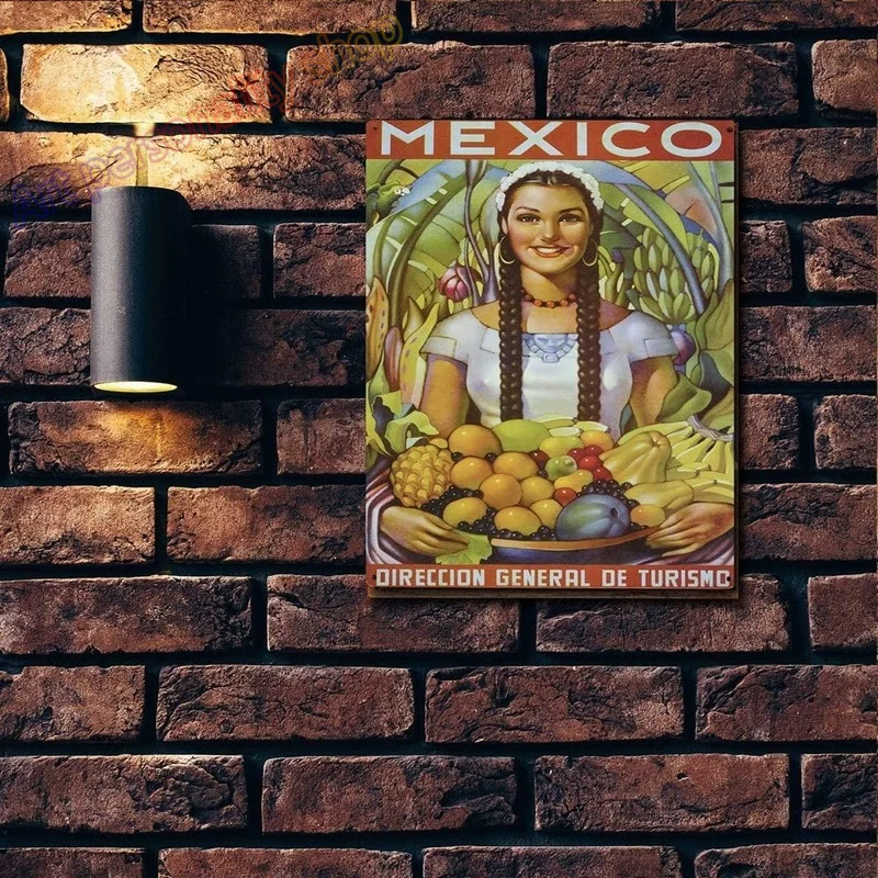 Vintage Mexico Lady with Fruit Tin Sign Mexican Metal Metal Wall Plate for Man Cave Home Bar Garage Restaurant 8x12 Inch