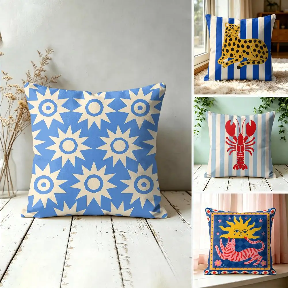 Blue Yellow Summer Art Cushion Cover Silky Short Plush Invisible Zipper Dustproof Sofa Pillow Case For Home Decor