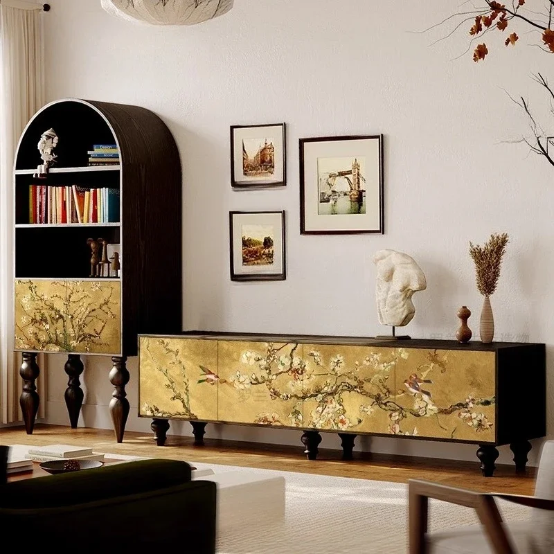 

Vintage Style Apricot Blossom Solid Wood Painted TV Cabinet Living Room Storage Tea Cabinet