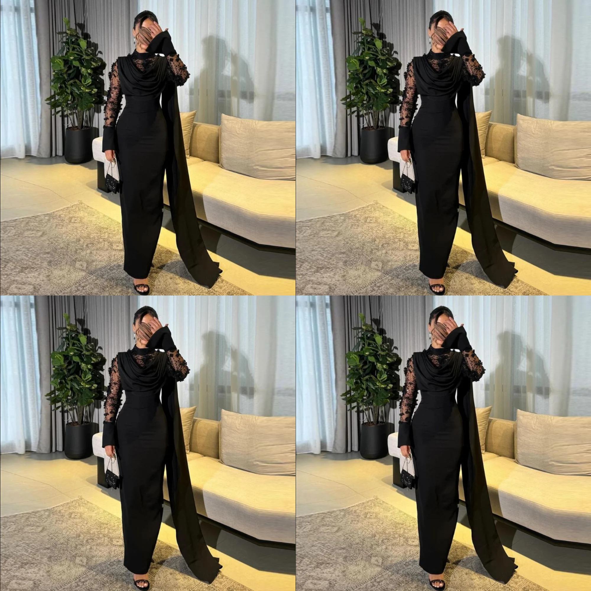 

Fantastic High Neck Satin Pleated Sheath Evening Dress Long Illusion Lace Sleeve Saudi Gown with Cape Party Gown for Women